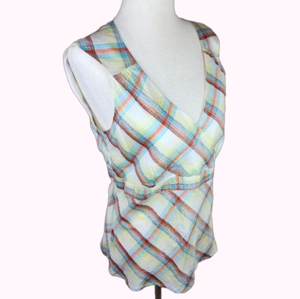 Y2K Vintage Plaid Empire Waist 100% Silk Sleeveless Blouse Medium